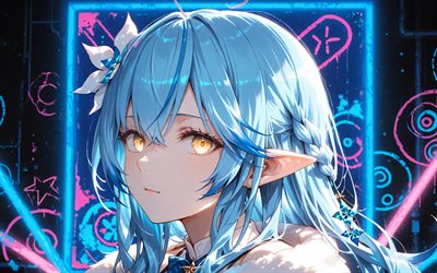 4k, yukihana lamy, oscuridad, fondo abstracto azul, youtuber virtual, creativo, vtuber, chica con ojos amarillos, hololive, manga, canal yukihana lamy, youtuber virtual yukihana lamy