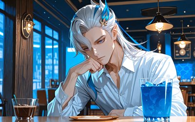 4k, neuvillette, cafetería, violinista, impacto de genshin, protagonista, personajes de anime, obra de arte, personajes de impacto de genshin, impacto de neuvillette genshin