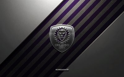 orlando city sc  logo, 4k, teräs tausta, amerikkalainen jalkapalloseura, violetit valkoiset viivat, orlando city sc  tunnus, mls, jalkapalloilija, orlando city sc, usa, orlando city sc metallilogo, orlando city sc:n vaakuna