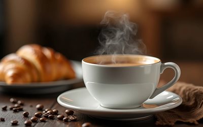 white cup with coffee, 4k, bokeh, breakfast concepts, wooden table, close-up, coffee beans, white cup, steam from coffee, cups, croissant, breakfast, cup with coffee