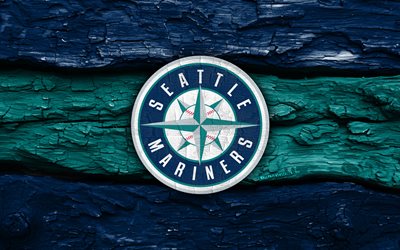 logotipo de madera de los marineros de seattle, 4k, fondo de madera azul turquesa, grandes ligas, béisbol, logotipo de los marineros de seattle, emblema de los marineros de seattle, equipo de beisbol americano, marineros de seattle