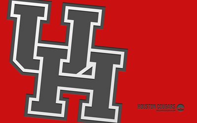 Houston Cougars logo, 4k, red background, carbon art, NCAA, Houston Cougars emblem, American football team, USA, Houston Cougars, American football