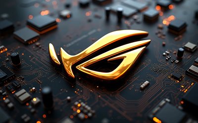 logotipo de metal dourado rog, 4k, fundo de tecnologia preta, república dos jogadores, emblema rog, logotipo de metal dourado rog 3d, sinal de metal dourado rog, asus rog, placa mãe preta, sinal rog, logotipo da rog, rog