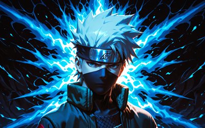 kakashi hatake, 4k, iluminações azuis, escuridão, naruto, fumaça azul, sharingan, obra de arte, hatake kakashi, mangá, personagens de naruto, kakashi hatakenaruto