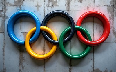 anneaux olympiques au mur, 4k, fond de mur gris, 5 anneaux olympiques, symbole olympique, anneaux olympiques, jeux olympiques, jeux olympiques d'hiver de 2026, xxves jeux olympiques d'hiver, jeux olympiques d'été de 2028, los angeles 2028, mur gris