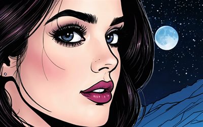 4k, Lucy Hale, night, comisc art, american actress, moon, american stars, movie stars, Lucy Hale Art, popular actress, Lucy Hale 4K