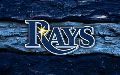 logotipo de madeira do tampa bay rays, 4k, fundo de madeira azul, mlb, beisebol, logotipo do tampa bay rays, emblema de tampa bay raysemblem, time de beisebol americano, raios de tampa bay