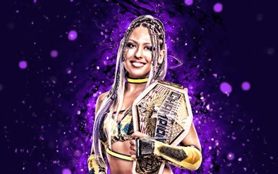 4k, Giulia, violet neon lights, WWE, creative, japanese wrestler, Eimi Gloria Matsudo, NXT, violet abstract background, World Wrestling Entertainment, wrestlers, Giulia 4K