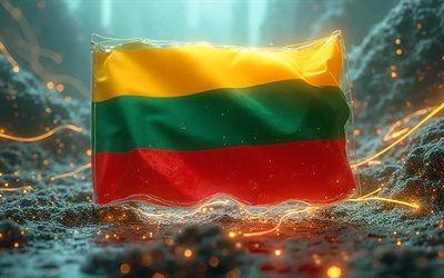 4k, Lithuania flag on flagpole, digital art, stone 3D background, flag of Lithuania, red glare, red background, bokeh, Lithuanian flag, Europe, fabric waves Lithuania flag, Lithuania 3D flag, Lithuania