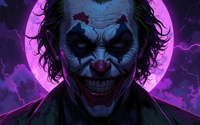 4k, bromista, noche, supervillano, luna morada, arte abstracto, comodín 4k, obra de arte, sonrisa, arte del comodín, joker sonriente