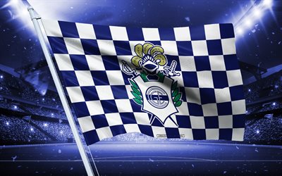 4k, Club de Gimnasia y Esgrima La Plata logo, Argentina football club, stadium flag, Club de Gimnasia y Esgrima La Plata, blue white flag, Club de Gimnasia y Esgrima La Plata emblem, Argentina, football