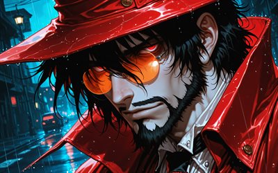 alucard, infierno, impermeable rojo, sombrero rojo alucard, personaje de alucard, personajes de anime, sombrero de vaquero rojo, personajes infernales, manga hellsing, alucard hellsing