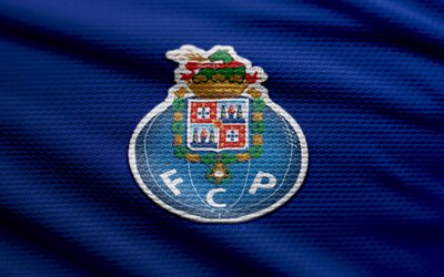 fc porto fabric logo, 4k, blauer stoffhintergrund, primeeira liga, bokeh, fußball, fc porto logo, liga portugal, fc porto emblem, fc porto, portugiesischer fußballverein, porto fc