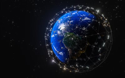 pianeta terra, 4k, satelliti in orbita, navigazione, concetto di comunicazione, globi 3d, navigazione gps, comunicazione, internet, tecnologia satellitare, satelliti, comunicazioni satellitari, pianeti, terra, comunicazioni globali, gps