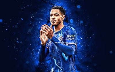 Levi Colwill, 4k, blue neon lights, Chelsea FC, Premier League, english footballers, Levi Colwill 4k, football, soccer, Chelsea, Levi Colwill Chelsea