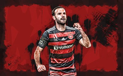 4k, Juan Mata, red grunge background, Western Sydney Wanderers, A-League, Spanish footballers, Juan Mata 4K, football, soccer, Western Sydney Wanderers FC, WS Wanderers, Juan Mata WS Wanderers