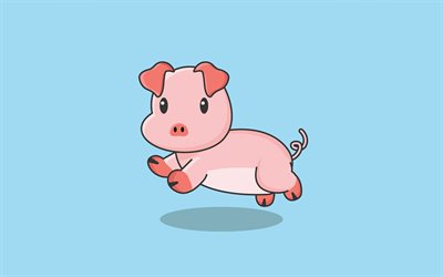 cartoon  schwein, 4k, minimal, ferkel laufen, cartoontiere, kreativ, schwein, ferkel, blaue hintergründe, schweineminimalismus