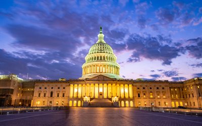 United States Capitol, Washington, Capitol, evening, sunset, Capitol Building, United States Congress, USA flag, Washington Landmarks, USA
