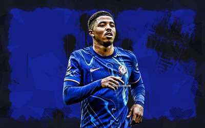 4k, Wesley Fofana, blue grunge background, Chelsea FC, Premier League, French footballers, Wesley Fofana 4K, football, soccer, Wesley Fofana Chelsea