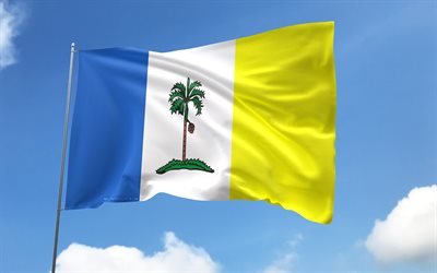 علم بينانغ على سارية العلم, 4k, الدول الماليزية, السماء الزرقاء, علم بينانغ, أعلام الساتان المتموج, دول ماليزيا, سارية العلم مع الأعلام, يوم بينانغ, ماليزيا, بينانغ