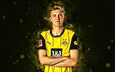 Maximilian Beier, 4k, yellow neon lights, Borussia Dortmund FC, Bundesliga, German footballers, Maximilian Beier 4K, Borussia Dortmund, football, soccer, BVB, BV Borussia 09 Dortmund, Maximilian Beier Borussia Dortmund