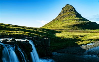 4k, Kirkjufell River, waterfall, Kirkjufellsfoss, mountains, summer, beautiful nature, Icelandic landmarks, Iceland, Kirkjufell Mountain, HDR