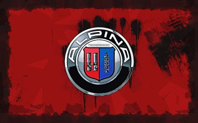logotipo de alpina grunge, 4k, marcas de autos, fondo grune rojo, logotipo de alpina, obra de arte, logotipo de las marcas, alpina, marcas