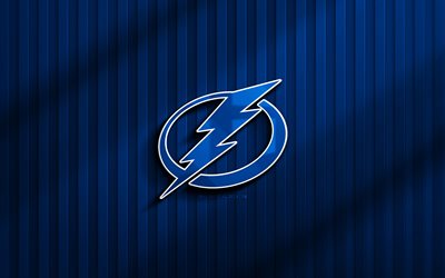 4k, logo 3d tampa bay lightning, dans la lnh, fond 3d bleu, hockey, emblème de la foudre de tampa bay, logo lightning tampa bay, club de hockey américain, lightning de tampa bay