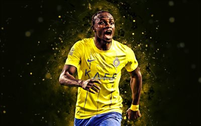 sadio mane, 4k, sarı neon işıklar, al nassr fc, suudi pro ligi, senegalli futbolcular, sadio mane 4k, futbol, al nassr, sadio mane al nassr