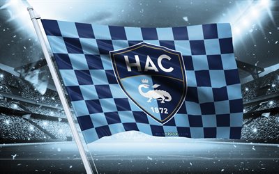 4k, le havre ac  logotyp, fransk fotbollsklubb, stadionflagga, le havre ac  fans flagga, blå flagga, le havre ac emblem, ligue 1, frankrike, fotboll, le havre ac, le havre fc