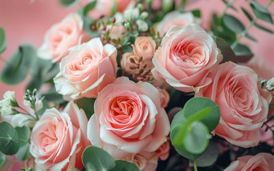 rosa rosen, zarte blumen, hintergrund mit rosa rosen, rosenstrauß, rosenknospen, schöne blumen, rosen