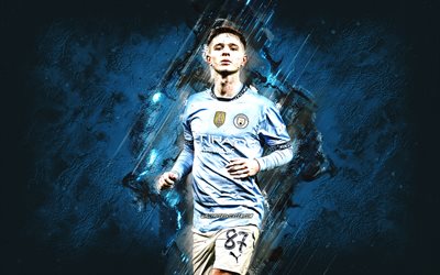 james mcatee, manchester city fc, jogador de futebol inglês, fundo de pedra azul, arte grunge, premier league, inglaterra, futebol, james john mcatee