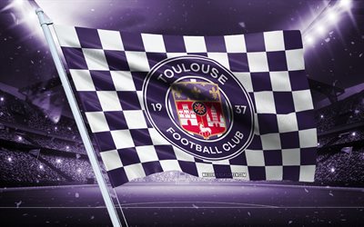 4k, toulouse fc logosu, fransız futbol kulübü, stadyum bayrağı, toulouse fc hayranları bayrağı, фиолетовый beyaz bayrak, toulouse fc amblemi, ligue 1, fransa, futbol, toulouse fc