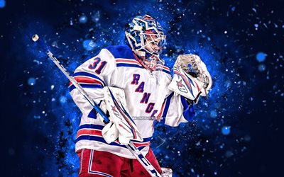 Igor Shesterkin, 4k, blue neon lights, New York Rangers, NHL, russian hockey players, Igor Shesterkin 4K, hockey, National Hockey League, Igor Shesterkin New York Rangers