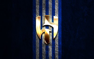 Al-Hilal golden logo, 4k, blue stone background, Saudi Professional League, Saudi football club, Al Hilal SFC logo, football, Al Hilal SFC emblem, Al Hilal SFC, soccer, Al Hilal FC