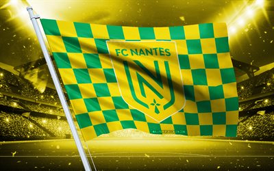 4k, logo fc nantes, club de football français, drapeau du stade, fache de fans fc nantes, drapeau vert jaune, fc nantes emblem, ligue 1, france, football, fc nantes