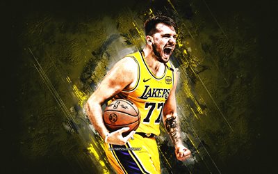 Luka Doncic, Los Angeles Lakers, NBA, grunge art, Slovenian basketball player, yellow stone background, USA, basketball, Doncic Los Angeles Lakers