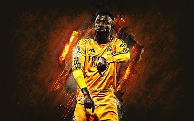 vinicius junior, real madrid, futbolista brasileño, fondo de piedra naranja, la liga, españa, vini, arte grune, vinicius jr, vinicius real madrid
