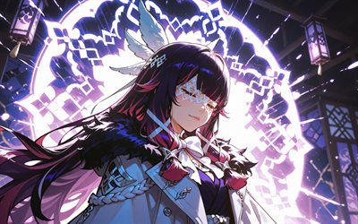 4k, colombina, adornos de neón púrpura, noche, impacto de genshin, manga, personajes de anime, columbina hiposelenia, personajes de impacto de genshin, impacto de columbina genshin