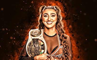 wren sinclair, 4k, orange neonljus, wwe, kreativ, amerikansk brottare, madison dombkowski, wren sinclair med bälte, nxt, orange abstrakt bakgrund, world wrestling entertainment, brottare, wren sinclair 4k