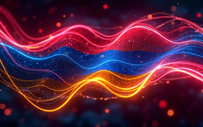 4k, bandiera splendente dell'armenia, bokeh, bandiera dell'armenia, giorno dell'armenia, arte 3d, bandiera armena, bandiera al neon dell'armenia, il neon sventola la bandiera dell'armenia, armenia, bandiera dell'armenia 3d, bandiera astratta dell'armenia