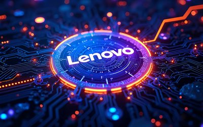 logotipo brilhante da lenovo, 4k, fundo azul de alta tecnologia, luzes de néon laranja, condutores, marcas de eletrônicos, logotipo 3d da lenovo, marcas, logotipo azul da lenovo, obra de arte, logotipo da lenovo, lenovo