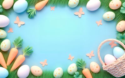 4k, osterrahmen, blauer hintergrund, bunte ostereier, schmetterlinge, karotten, ostereier, frohe ostern, osterdekorationen, osterhintergründe, ostern