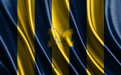 4k, 미시간 울버린스 로고, ncaa, 노란색 파란색 실크 질감, 미시간 울버린스 깃발, 미식축구 클럽, 실크 깃발, 미시간 울버린스 엠블럼, 미국, 미시간 울버린스