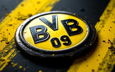 Borussia Dortmund metal logo, 4k, BVB logo, black yellow metal background, Bundesliga, BVB emblem, Borussia Dortmund logo, Borussia Dortmund emblem, Germany, Borussia Dortmund, football, BVB