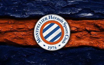 Montpellier HSC wooden logo, 4k, blue orange wooden background, Ligue 2, soccer, Montpellier HSC logo, football, Montpellier HSC emblem, Montpellier HSC, french football club, Montpellier FC