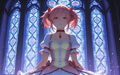 madoka kaname, 4k, nacht, buntglasfenster, die puella magier, rote augen, protagonist, rote haare, mahou shoujo madoka magica, manga, kaname madoka, kunstwerk, madoka kaname die puella magi