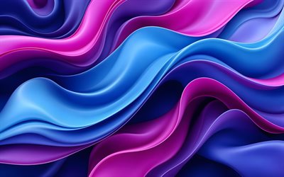 4k, موجات ثلاثية الأبعاد ملونة, خلفية زرقاء أرجوانية, تصميم المواد, التجريد الملونة, منحنيات ثلاثية الأبعاد ملونة, خلفية متموجة مجردة, منحنيات مجردة, عمل فني, موجات مجردة, خلفيات مجردة