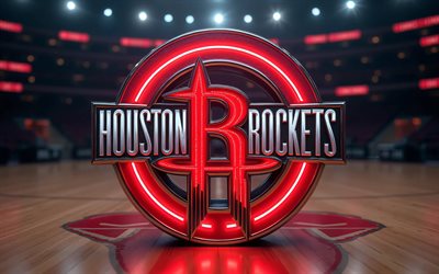 4k, 3d logo der houston rockets, rote neonringe, hintergrund des basketballstadions, nba, kreativ, basketball, logo der houston rockets, houston rockets emblem, amerikanisches basketballteam, houston rockets
