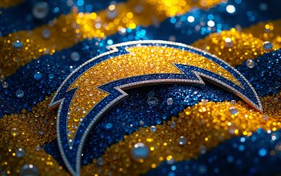 logotipo de gemas de los angeles chargers, 4k, fondo de gemas azul amarillo, logotipo de los ángeles chargers, emblema de los chargers de los ángeles, eeuu, cargadores de los ángeles, fútbol americano, nfl